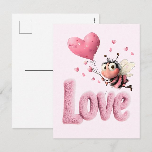 Cute Bee Fluffy Pink Love Heart Balloon Design Helg Vykort (Fram/baksida)