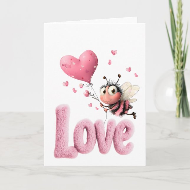 Cute Bee Fluffy Pink Love Heart Balloon Design Helgkort (Framsida)