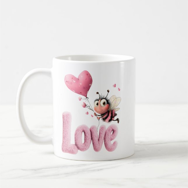 Cute Bee Fluffy Pink Love Heart Balloon Design Kaffemugg (Vänster)