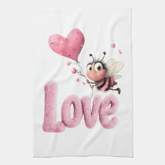 Cute Bee Fluffy Pink Love Heart Balloon  Kökshandduk (Vertikal)