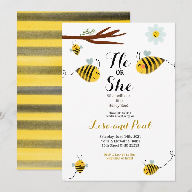 Cute Bee Han eller hon Gender inbjudan att visa (Fram/baksida)