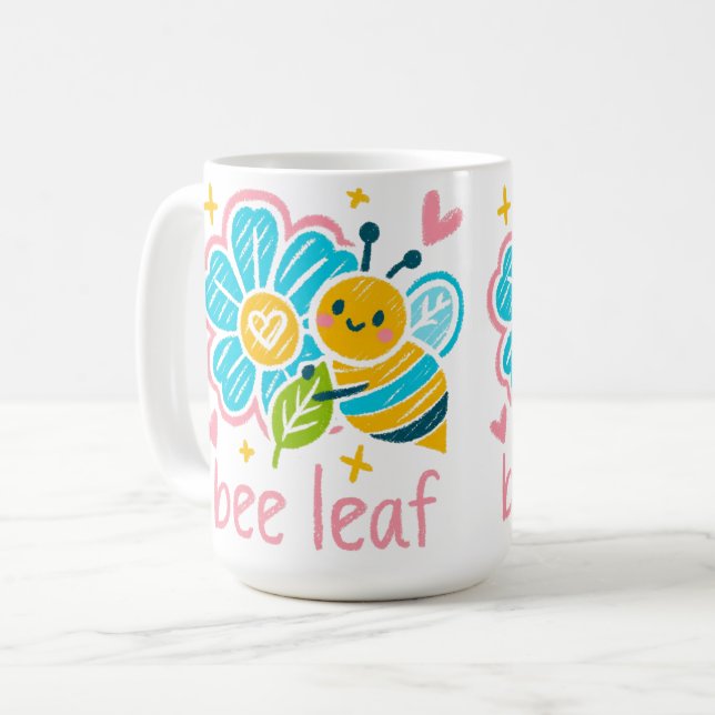 Cute Bee Leaf Believe Pun Inspirational Floral Tea Kaffemugg (Framsida vänster)