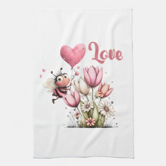 Cute Bee Love Heart Balloon Spring Flowers Kökshandduk (Vertikal)