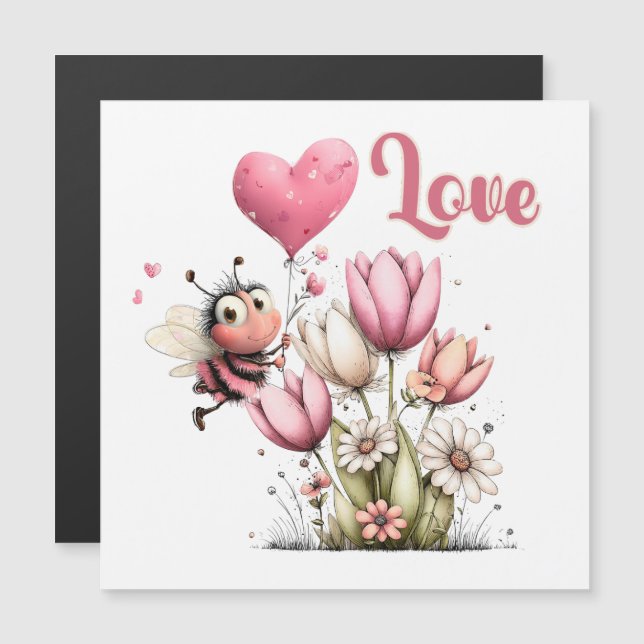 Cute Bee Love Heart Balloon Spring Flowers Magnet (Fram/baksida)