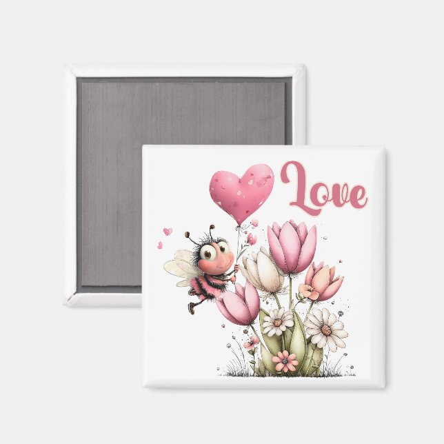 Cute Bee Love Heart Balloon Spring Flowers Magnet (Front/Back)
