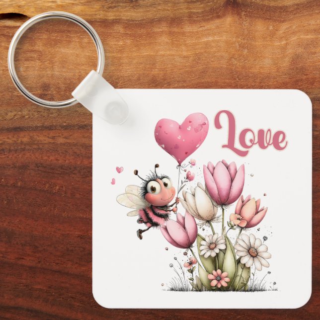 Cute Bee Love Heart Balloon Spring Flowers Nyckelring (Framsida)