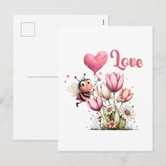 Cute Bee Love Heart & Floral  Helg Vykort (Fram/baksida)