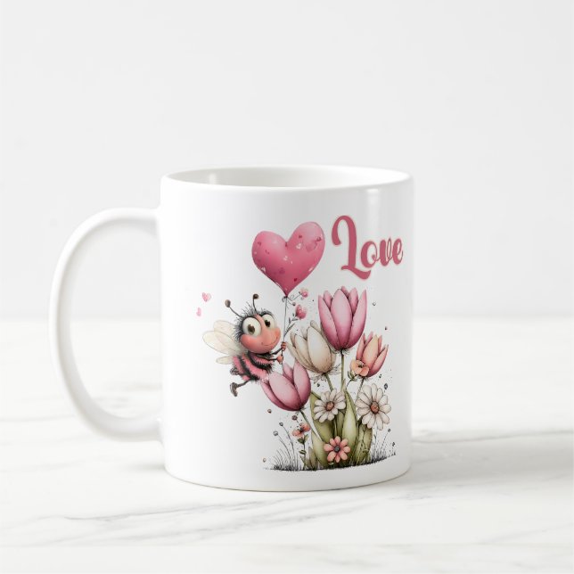 Cute Bee Love Heart & Floral  Kaffemugg (Vänster)