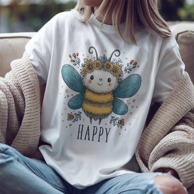 Cute Bee Lycklig Watercolor Blommigt T-Shirt (Skapare uppladdad)