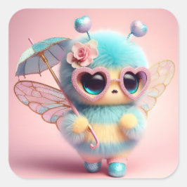 Cute Bee med Parbrella Fyrkantigt Klistermärke