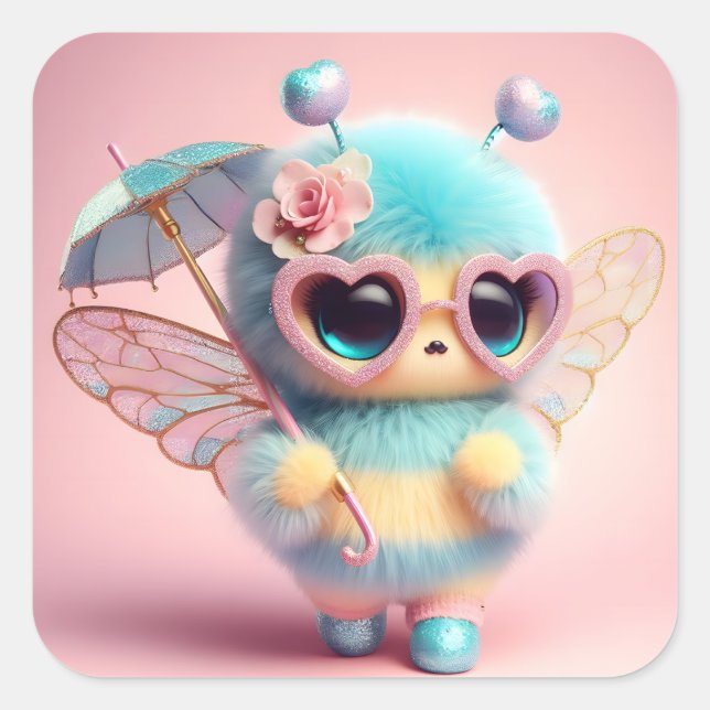 Cute Bee med Parbrella Fyrkantigt Klistermärke (Framsida)