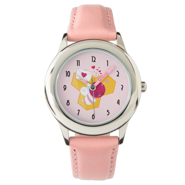 Cute Bee med Rosa Valentine Hearts Armbandsur (Framsida)
