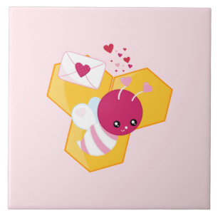 Cute Bee med Rosa Valentine Hearts Kakelplatta