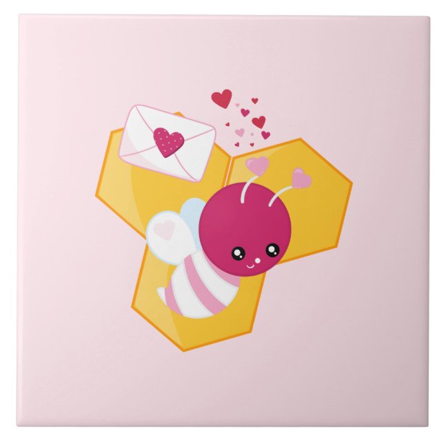 Cute Bee med Rosa Valentine Hearts Kakelplatta (Framsidan)