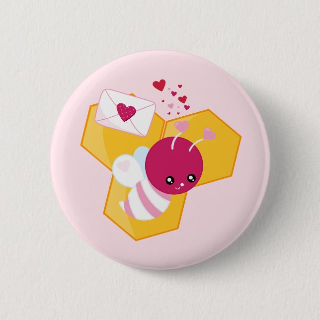 Cute Bee med Rosa Valentine Hearts Knapp (Framsida)