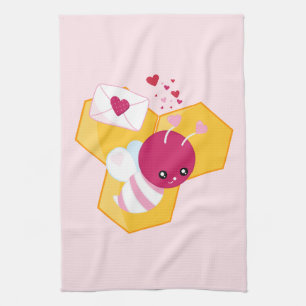 Cute Bee med Rosa Valentine Hearts Kökshandduk