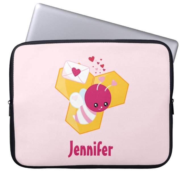 Cute Bee med Rosa Valentine Hearts Laptop Fodral (Framsidan)