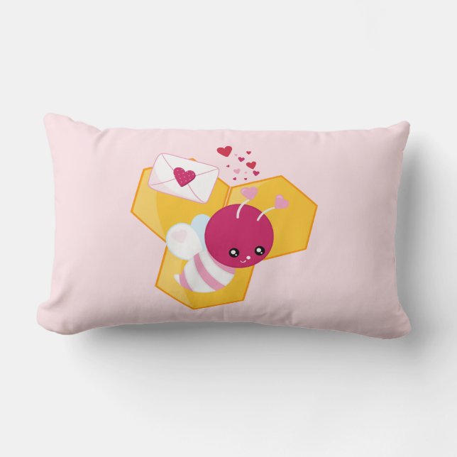 Cute Bee med Rosa Valentine Hearts Lumbarkudde (Framsida)
