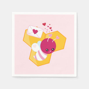 Cute Bee med Rosa Valentine Hearts Pappersservett