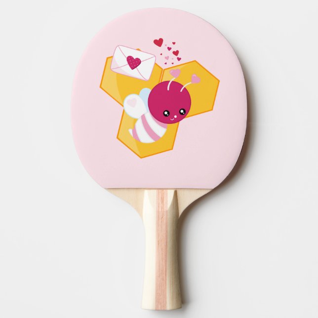 Cute Bee med Rosa Valentine Hearts Pingisracket (Framsidan)