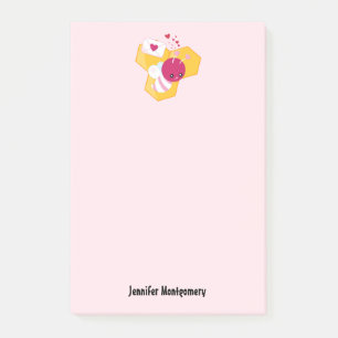 Cute Bee med Rosa Valentine Hearts Post-it Block