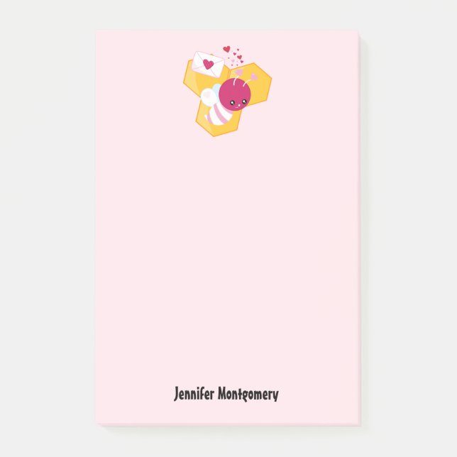 Cute Bee med Rosa Valentine Hearts Post-it Block (Framsida)