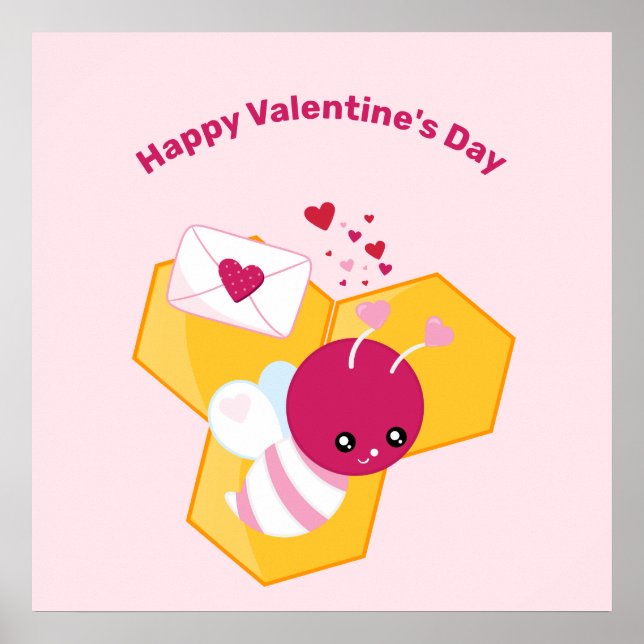 Cute Bee med Rosa Valentine Hearts Poster (Framsidan)