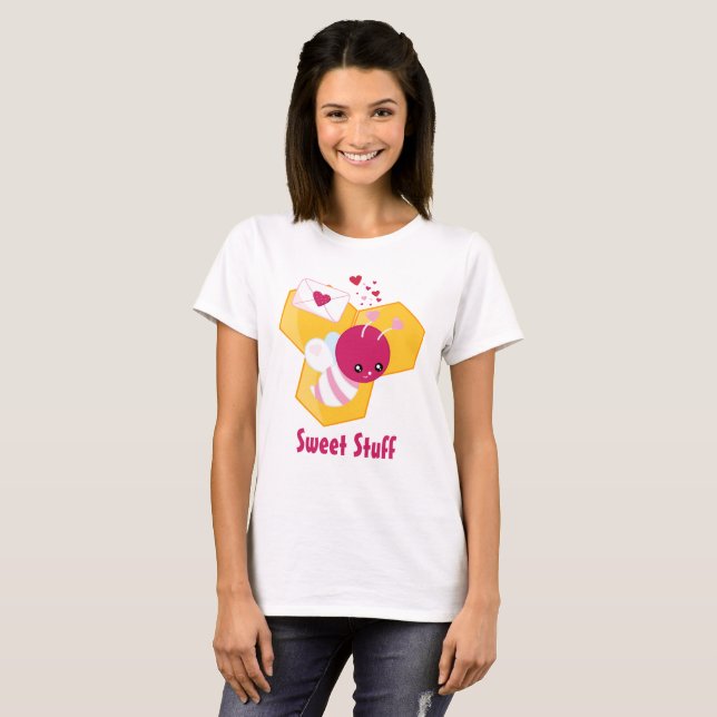Cute Bee med Rosa Valentine Hearts Sweet Saker T Shirt (Hel framsida)