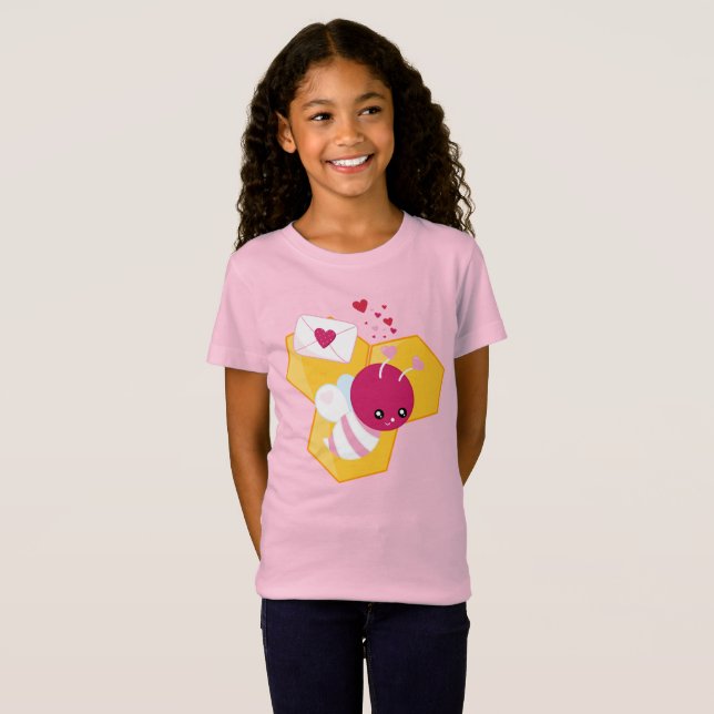Cute Bee med Rosa Valentine Hearts T Shirt (Hel framsida)