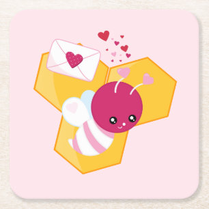 Cute Bee med Rosa Valentine Hearts Underlägg Papper Kvadrat