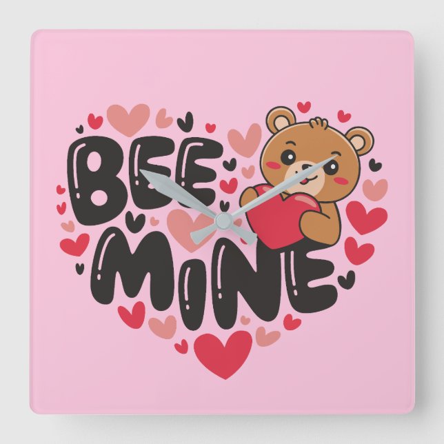Cute Bee Mine Teddy Bear Valentine's Day Fyrkantig Klocka (Framsida)
