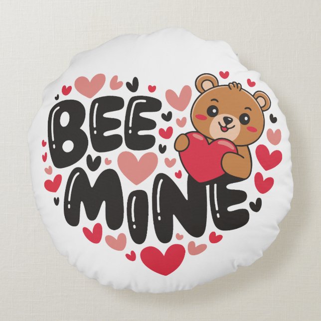 Cute Bee Mine Teddy Bear Valentine's Day Rund Kudde (Baksidan)