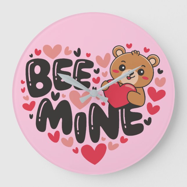 Cute Bee Mine Teddy Bear Valentine's Day Stor Klocka (Framsida)