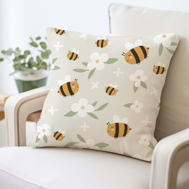 Cute Bee och Blommigt Dekorativ kudde (Skapare uppladdad)