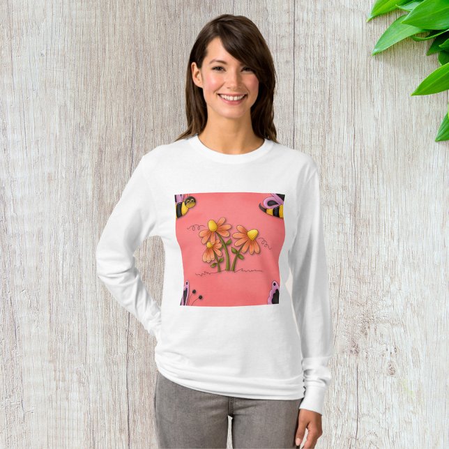 Cute Bee och Flower Rosa Vår Garden T Shirt (Skapare uppladdad)