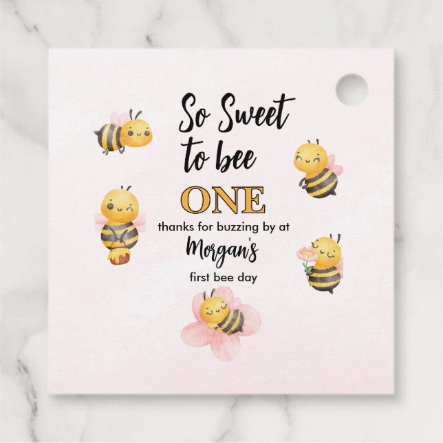 Cute Bee One Rosa Black First Födelsedagsfest Gåvor Etiketter (Baksida)