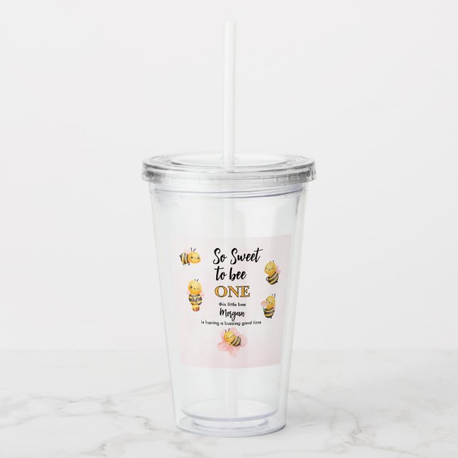 Cute Bee One Rosa Black First Födelsedagsfest Take Away Mugg (Framsida)