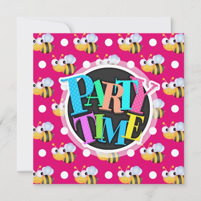 Cute Bee, Shock rosa & White Polka dots Inbjudningar (Framsida)