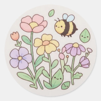 Cute Bee & Smiling Flowers Sticker - Pastel Floral Runt Klistermärke