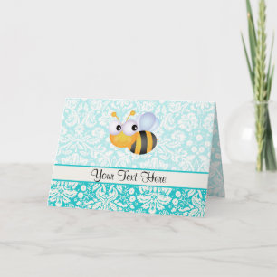 Cute Bee; Teal Damask Pattern Anteckningskort