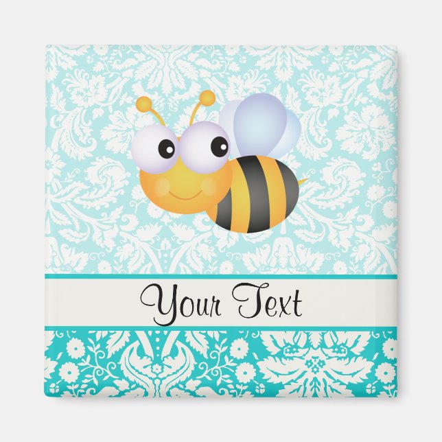 Cute Bee; Teal Damask Pattern Magnet (Framsidan)