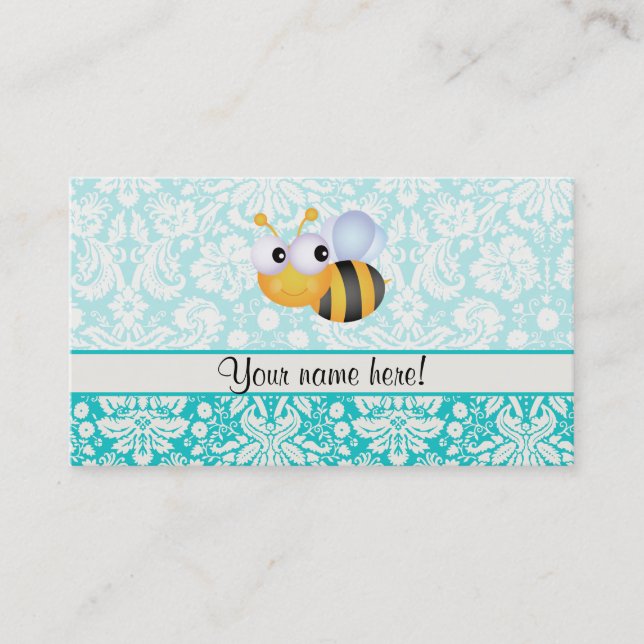 Cute Bee; Teal Damask Pattern Visitkort (Framsida)