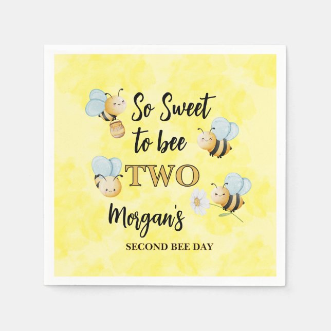 Cute Bee Two Yellow Black Second Birthday Party Pappersservett (Framsidan)