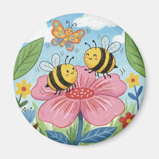 Cute Bee Whimsical Flower Garden Magnet (Framsidan)