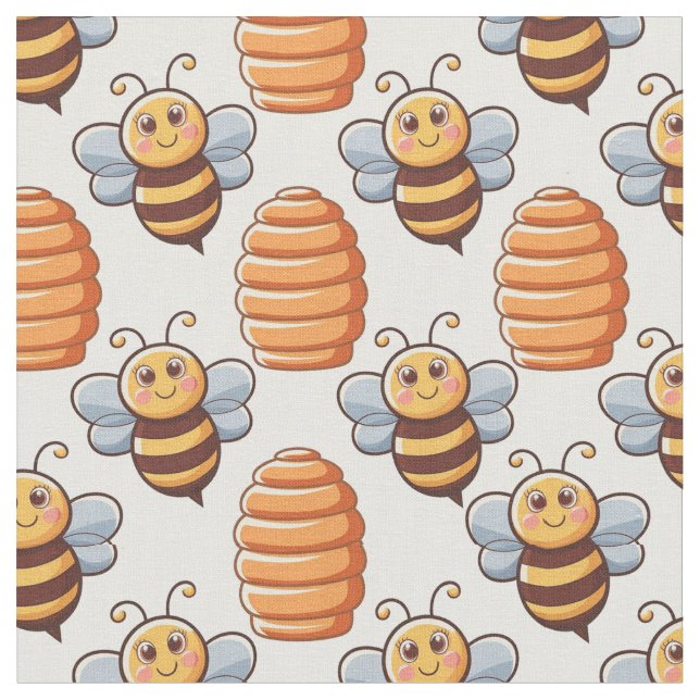 Cute Bees and Beehives - Naturinspirerad Mönster Tyg (Närbild)