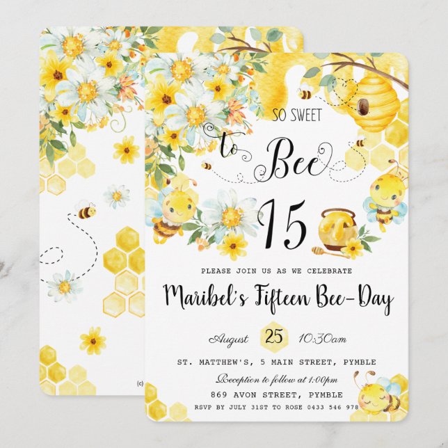 Cute Bees är så söta till Bee 15 Birthday Quincean Inbjudningar (Fram/baksida)