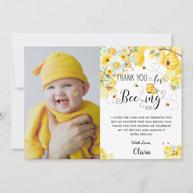 Cute Bees Bee Gult Ivory Blommigt Birthday Photo Tack Kort (Framsida)