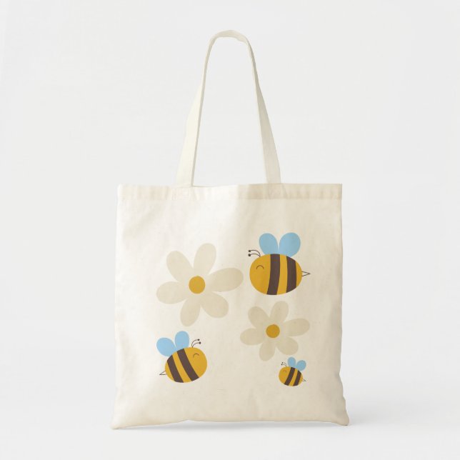 Cute Bees med vit blommor Tote-Bag Tygkasse (Framsidan)