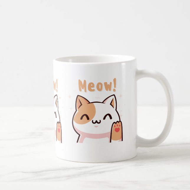 Cute Beige Cat med Meow Text Illustration Mugg (Höger)
