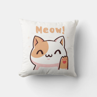 Cute Beige Cat med Meow Text Illustration PILLOWS Kudde